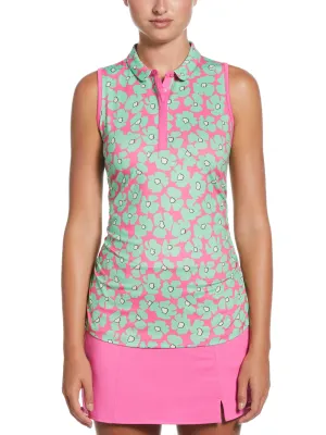 Womens Floral Sleeveless Golf Shirt with Mini Collar and Side Shirring Callaway Apparel