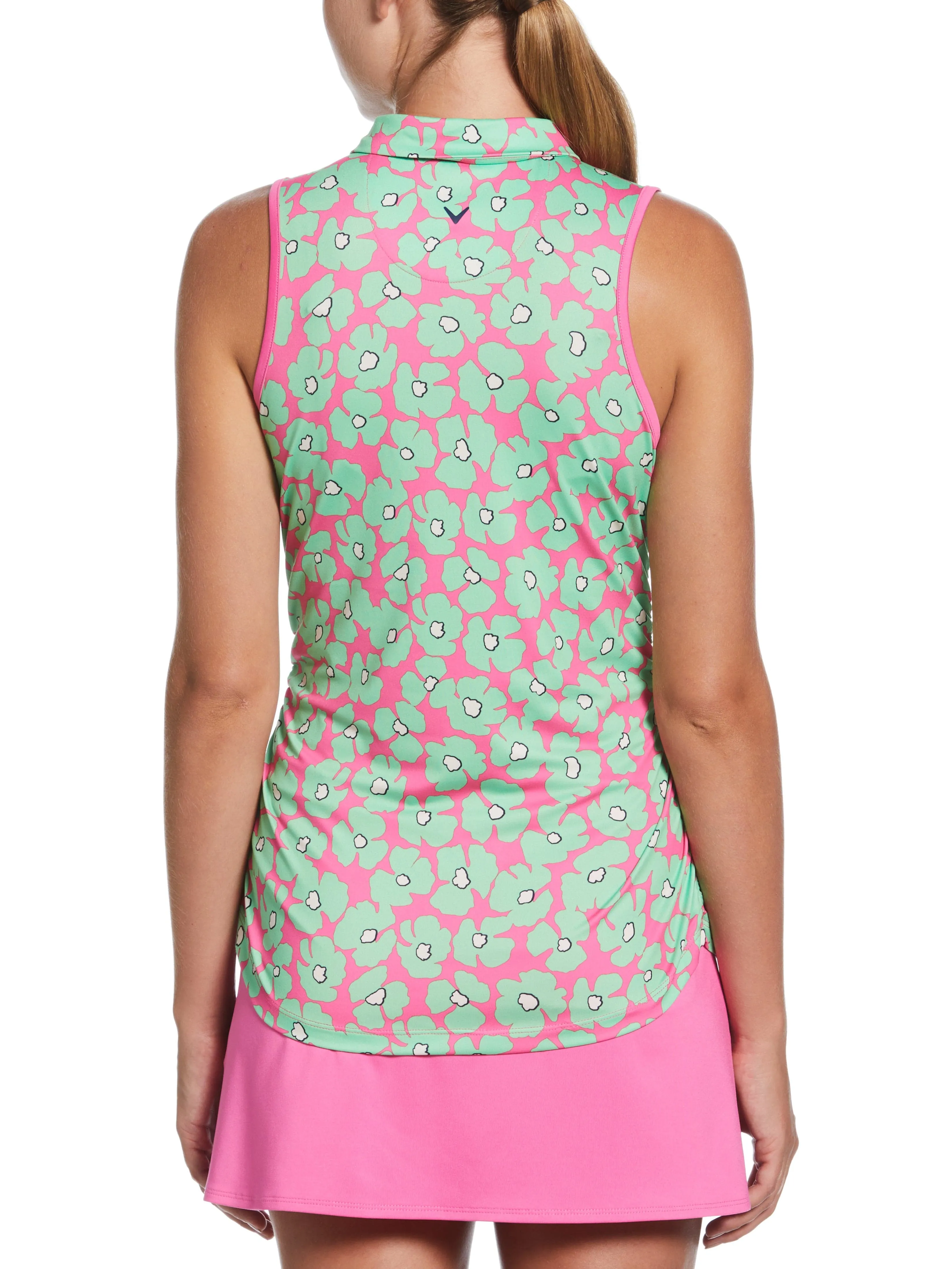 Womens Floral Sleeveless Golf Shirt with Mini Collar and Side Shirring Callaway Apparel